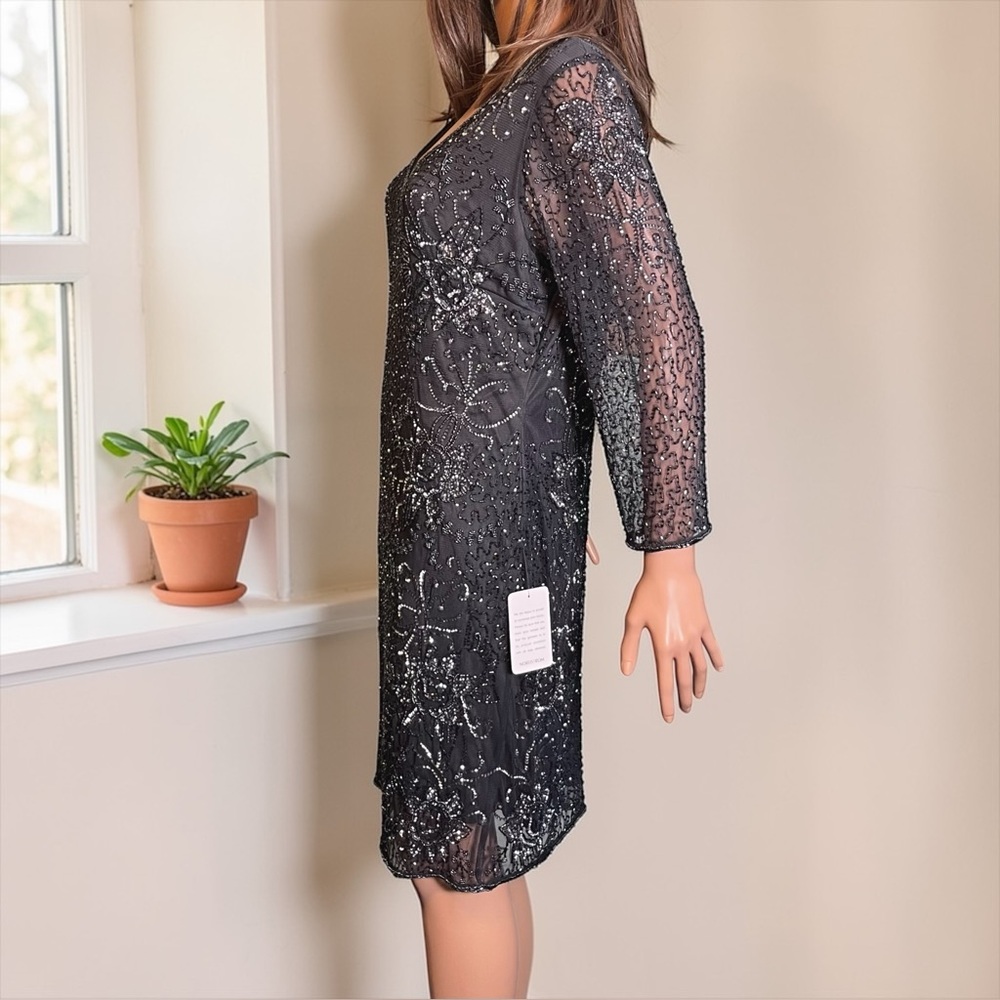 Pisarro Nights Beaded Dress Size 14 Slate Gray Sheer Sleeve Formal NWT - Picture 6 of 9